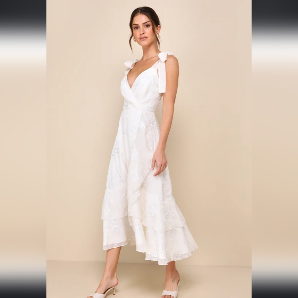 Lulu's Elegant Direction Ivory Embroidered Ruffled Tie-Strap Midi Dress